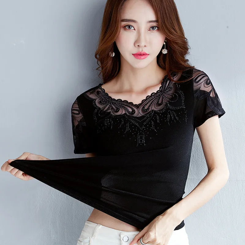 بلوزة قميص القادمون الجدد 2019 الصيف قصير كم بلوزات من الدانتيل أنيقة ضئيلة شبكة قميص زائد حجم النساء قمم و البلوزات