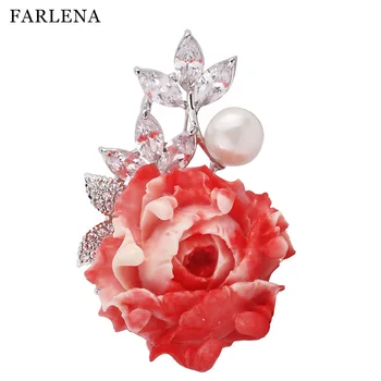 

FARLENA Jewelry Pink Shell Powder Peony Brooches pins for Women Dress Accessory Fashion Zircon Crystal Brooch