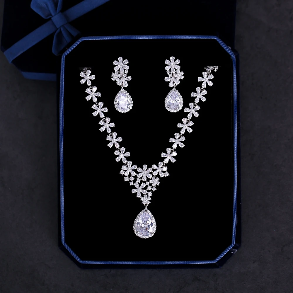 

Pear Cut Cubic Zirconia Flower Jewelry Set Full Zircon Stone Necklace Pendant Dangle Earrings Jewellery Women Bijoux for Wedding