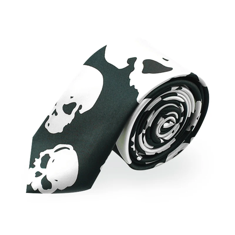 Funny 3 cm slim ties for men Neckties Big White Skull samll skull Black