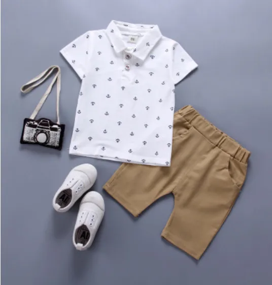 

Hot Small or Toddler Baby Clothing Sets Short Sleeve Anchor Printing T-shirt+ Shorts Little Gentlemen Fashion 2pcs Sets Retail