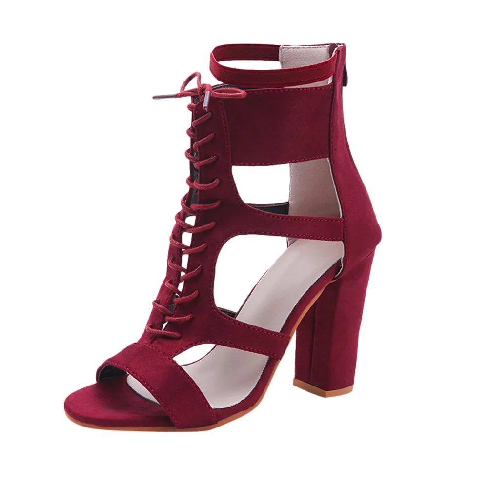 

Women Ladies Sandals Flock Rubber Pointed Toe High Heels Zip Office Square heel Solid Straps Heel Shoes 2018