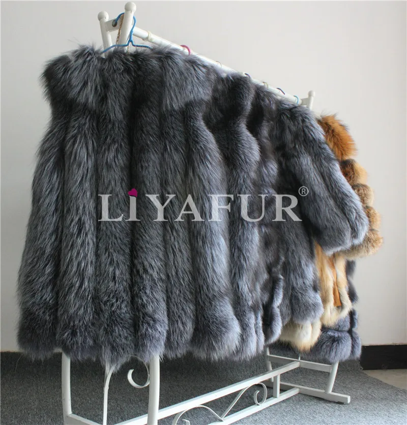 LIYAFUR Women's Real Genuine Full Pelt Silver Fox Fur Long Sleeveless Vest Waistcoat Gilet for Women