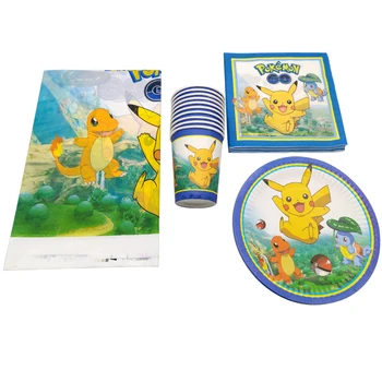 

Pokemon Go Theme Birthday Party Tablecloth Happy Baby Shower Pikachu Design Napkins Tableware Set Decorate Plates Cups 61pcs/lot