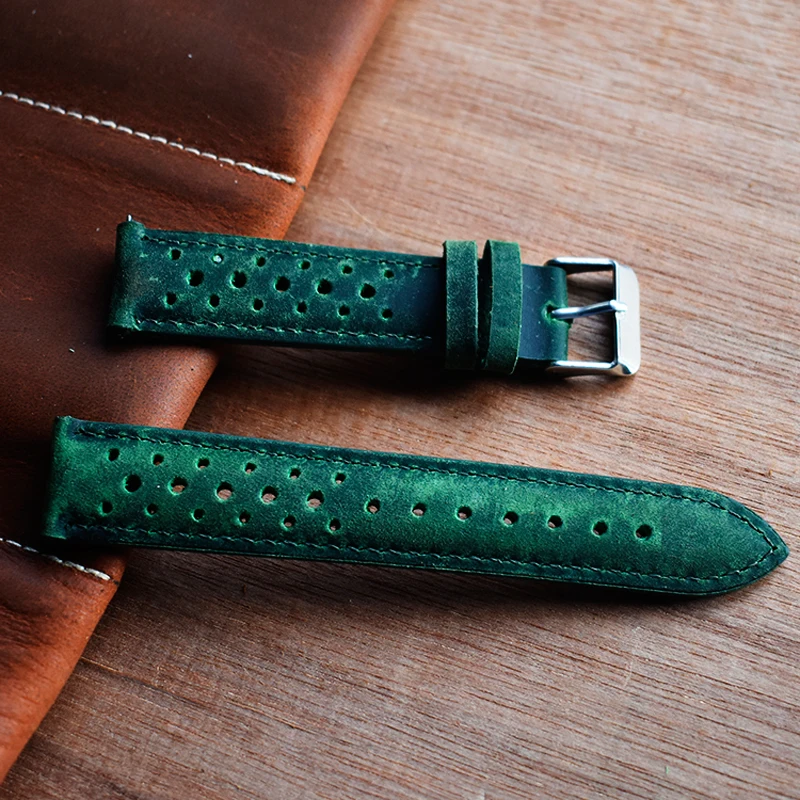 

Onthelevel Handmade Watchband Vintage Hollow Design Genuine Leather Watch Strap Green Replacement Band 18mm 20mm 22mm 24mm KZH04