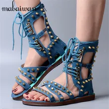 2017 New Genuine Leather Gladiator Sandals Rivets Lace Up Flats Summer Boots Rome Punk Style Casual Flat Shoes Woman