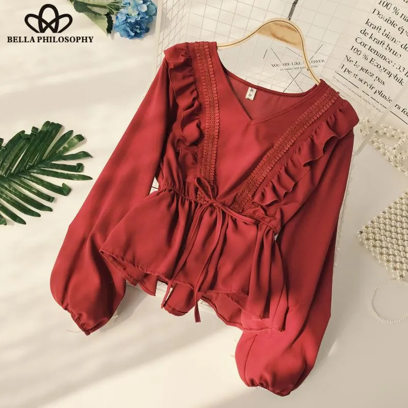 Wonder 2019 Drawstring Sash Ruffles Women Blouse V-Neck Lace Patchwork Vintage Blusa Spring Summer Solid Slim Fashion Shirt Tops