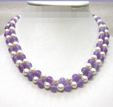 

Hot sale Free Shipping>>>>>Genuine 60" 8mm round lavender jade white pearls necklace
