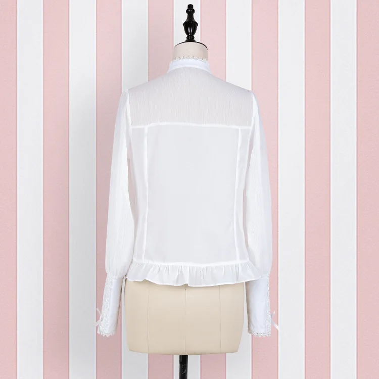Женская винтажная блузка в стиле Лолиты с кружевной отделкой, милая летняя рубашка с длинными рукавами и галстуком, топы белого цвета