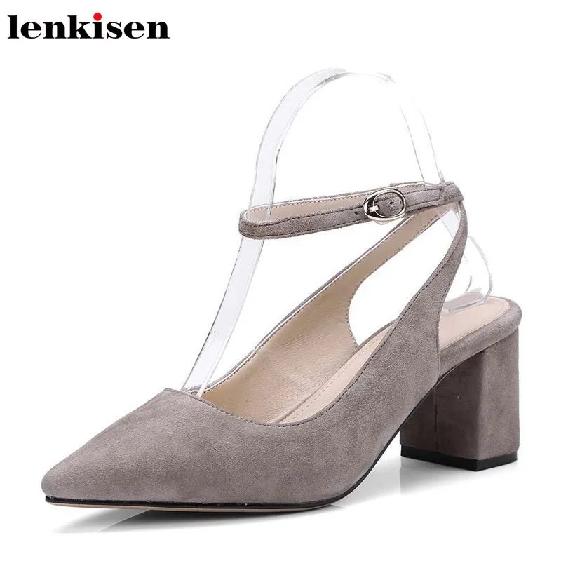 

Lenkisen pop hot sale kid suede summer pointed toe solid shallow ankle strap high heels meeting party wedding women sandals L30