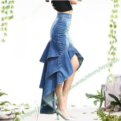 2019 женский весенний один шаг пакет модные с фасонным подолом Асимметричная джинсовая Сексуальная гофрированная макси юбка/XS джинсы