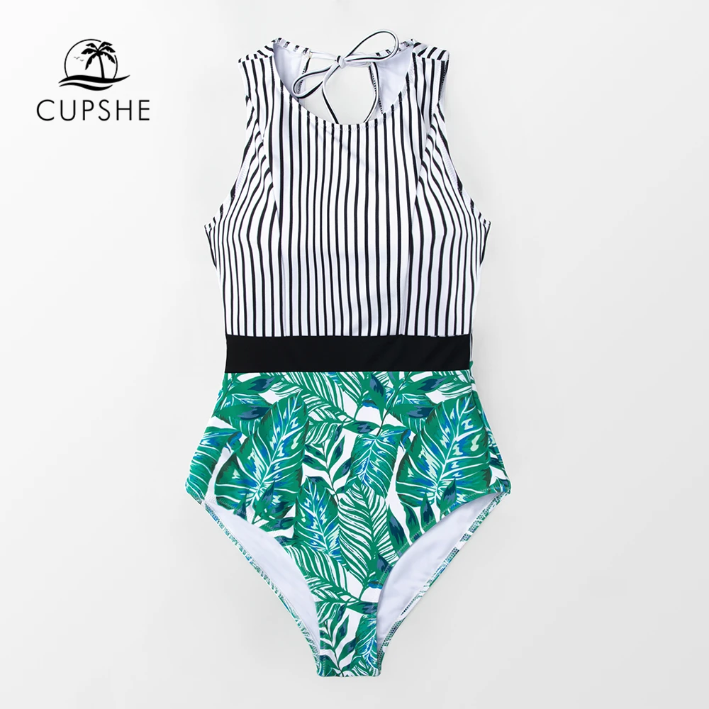 

CUPSHE Black Striped And Green Leaf One-piece Swimsuit Women Sexy Cutout Monokini Bathing Suits 2019 Girl Beach Swimwear