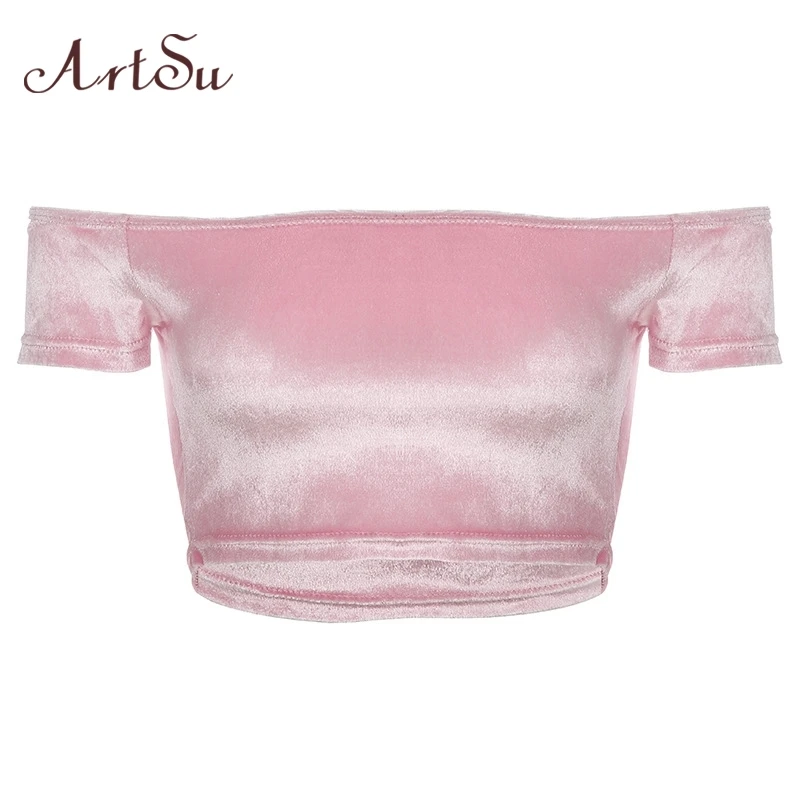 

ArtSu Velvet Pink Off Shoulder Crop Top Tees Shirt Cute Sexy T-shirt-Women Backless Elegant T-shirt Summer Tops ASTS20994