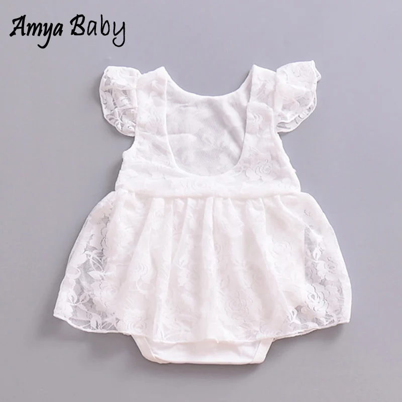 Amyababy Baby Girl Bodysuits Fashion White Solid Color Lace Baby Girl
