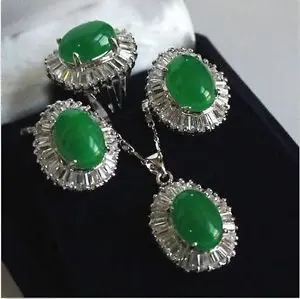 

Hot sell Noble- FREE SHIPPING>>Lovely Sets natural green Natural stone pendant necklace silver Stud earring Ring LD901 Na