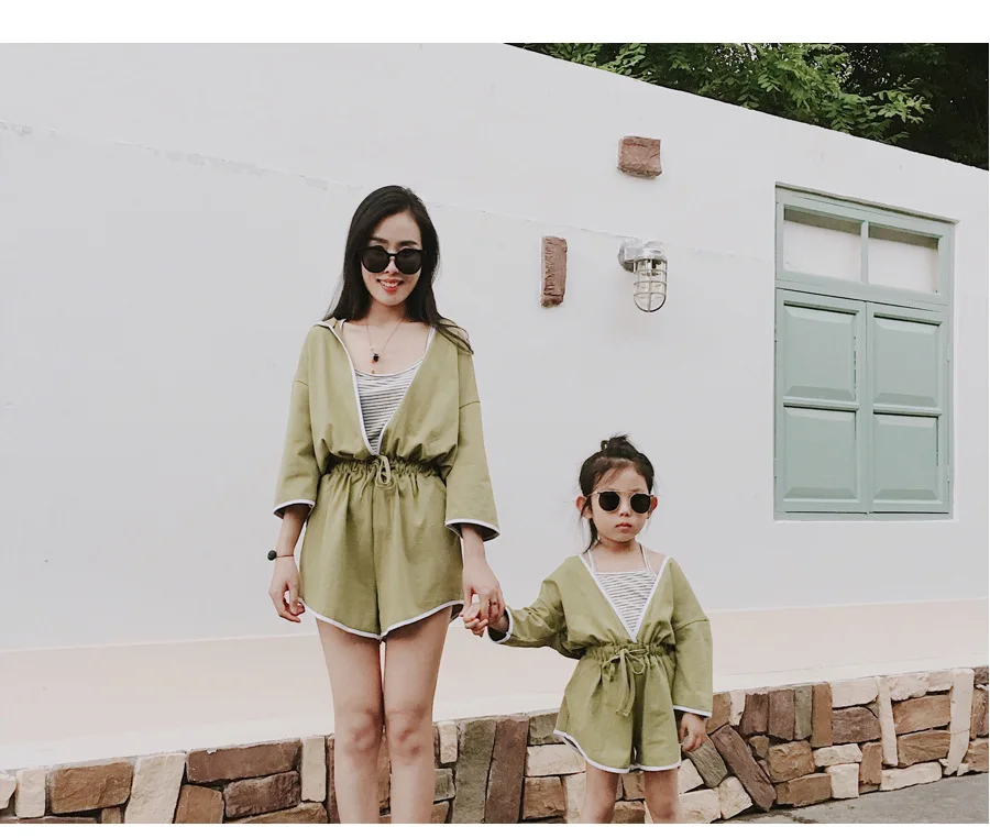 2pcs Set New Arrived Mother Daughter Hooded Jumpsuit + Sun-top Vest Family Matching Clothes Mommy and Me Clothes 2 3 4 5 6 7 Age