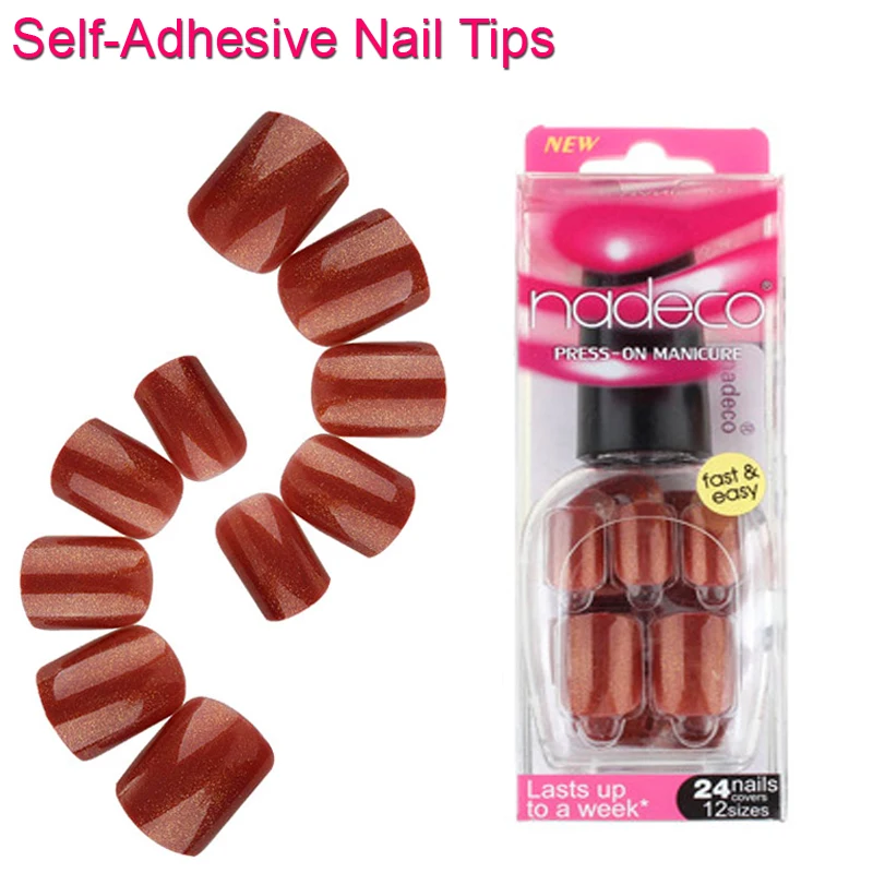 24pcs Full Cover Reddish Brown Selfadhesive Fake Nail Polish Tip