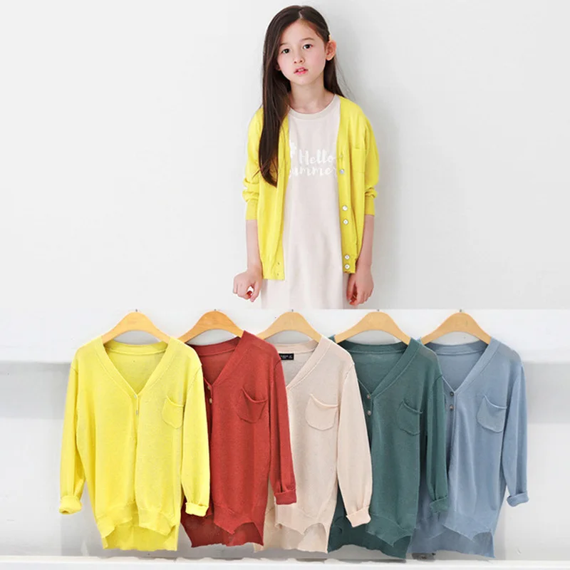 

2019 Summer Girls Cardigan Sweaters V-neck Thin Cardigan Jacket Long Sleeve Kids Girl Knitting Coat RT529