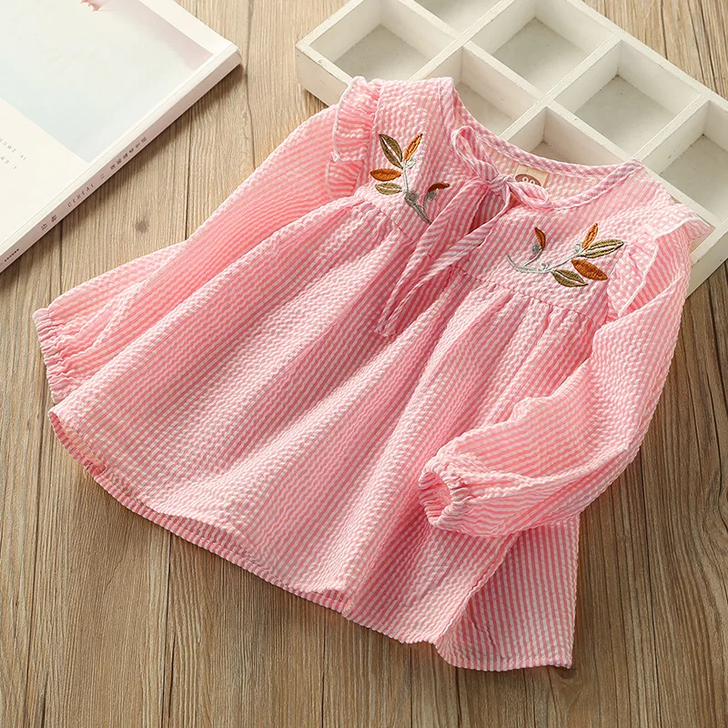 

Spring summer baby girls striped Embroidered shirts kids girl long sleeve bowknot clothes cotton children casual Blouse