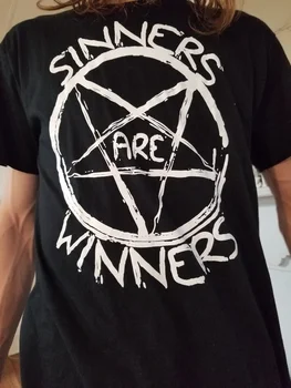 

PUDO HJN Sinners Are Winners Unisex 90s Grunge Gothic Black T-Shirt Hipsters Satanic Graphic Tee