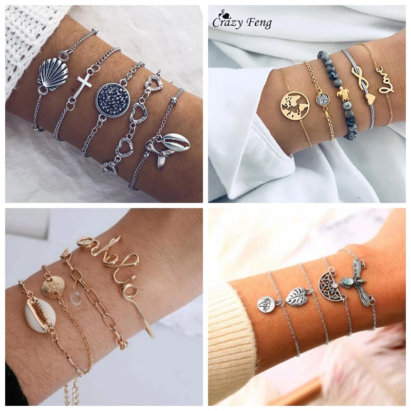 

Bohemian 5Pcs/Set Cross Multilayer Bracelet Set Vintage Silver Color Heart Shape Fishtail Pendant Shell Bangle Jewelry