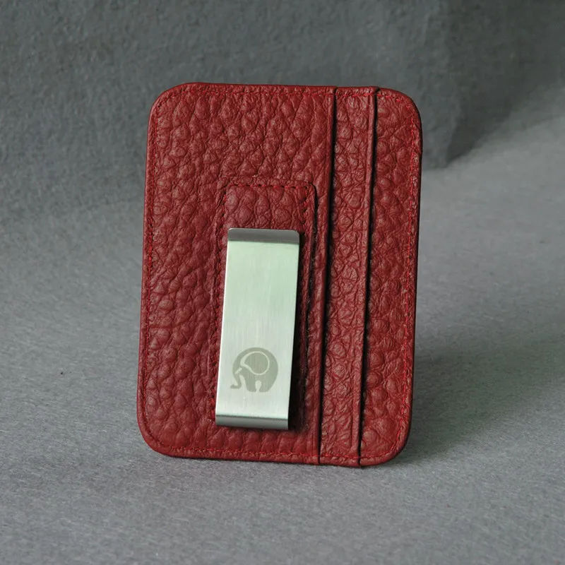 Металлический кошелек из натуральной кожи с зажимом для денег, мужской тонкий складной зажим для денег, кредитные зажимы, кошельки для карт, зажим для денег - Цвет: Litchi Red