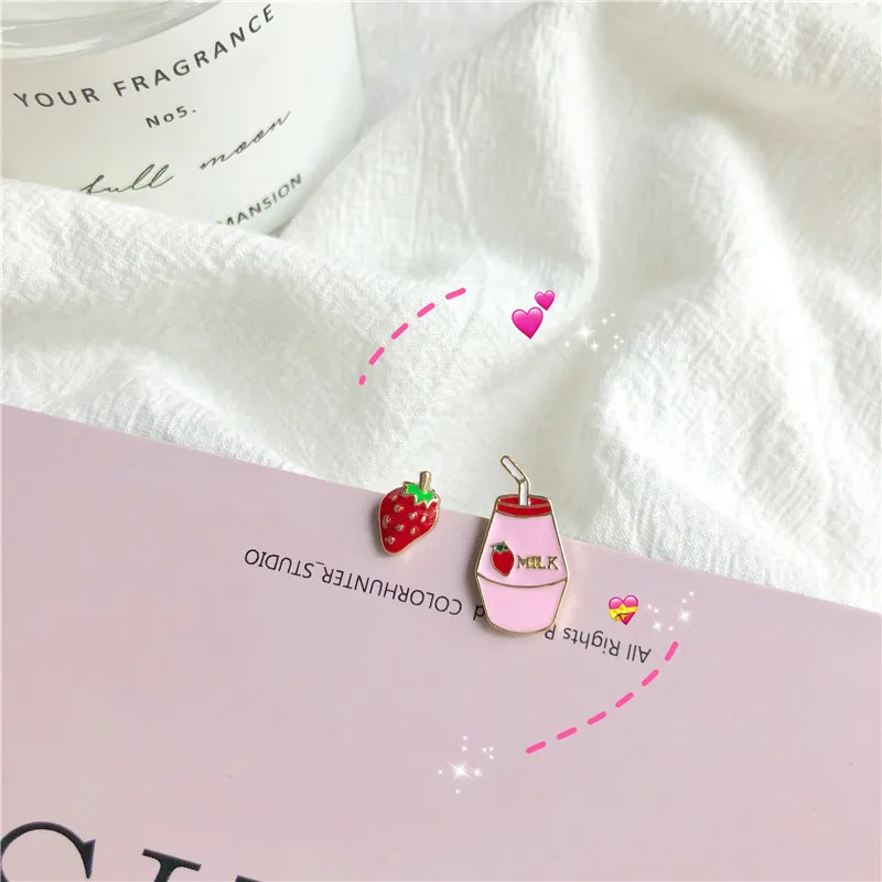 

Korean Fashion Asymmetric Strawberry Milk Clip on Earring Daily Funny Non Pierced Earrings