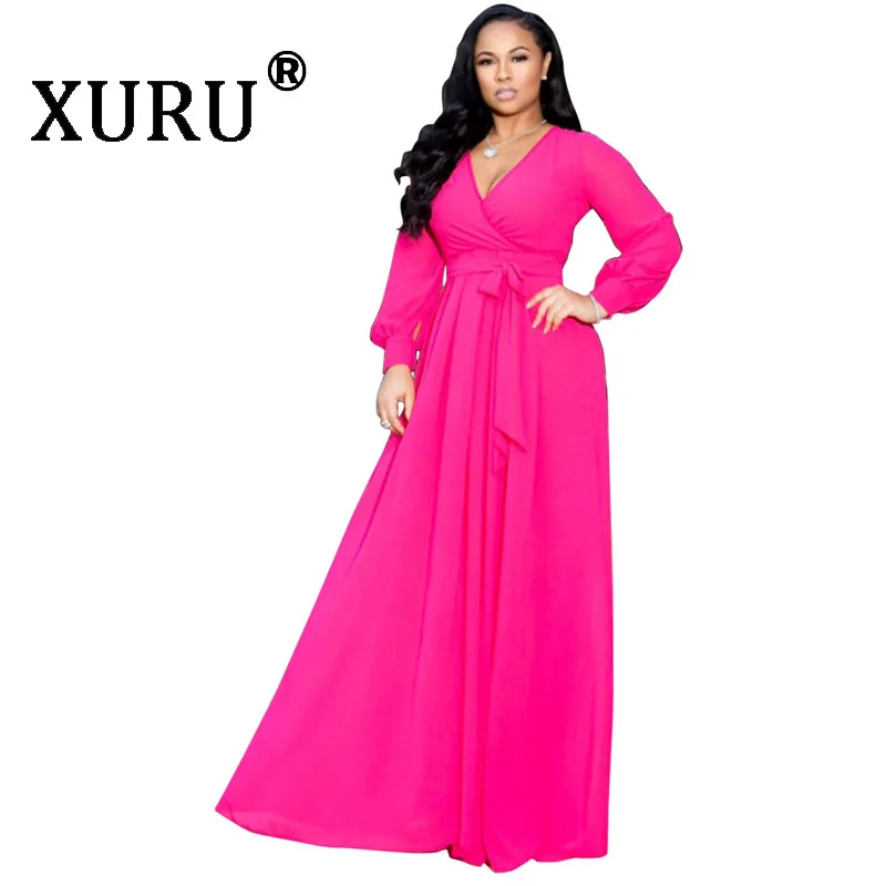 XURU летнее Новое Женское шифоновое платье, модное сексуальное однотонное платье с v-образным вырезом, большое Свободное платье, пляжное платье большого размера - Цвет: Фуксия