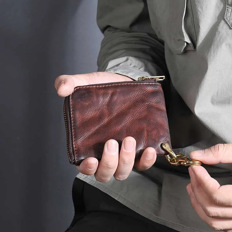

Real Leather Male Coin Purse Short Luxury Handmade Cowhide Genuine Leather Zipper Small Wallet Men Coin Bag 2 Card Holder Ruched