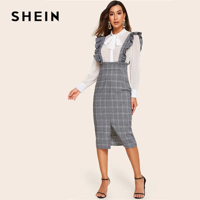 

SHEIN Split Hem Ruffle Trim Strap Glen Plaid Skirts Womens Slim Fitted Pencil Skirt Office Lady Elegant High Waist Midi Skirt