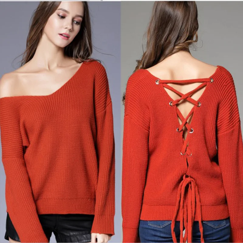 Sexy Open Back Lace up Sweater Women Pullover V Neck Fashion Large Size Knitted Casual Long Sleeve Elastic Force Female Tops