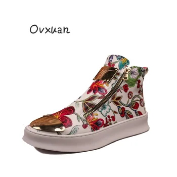 

Flower Printed Leather Shiny Metal Sheet High Top Prom Party Dress Male Loafers 2019 Fashion Men's Flats Shoes Men Casual Shoes