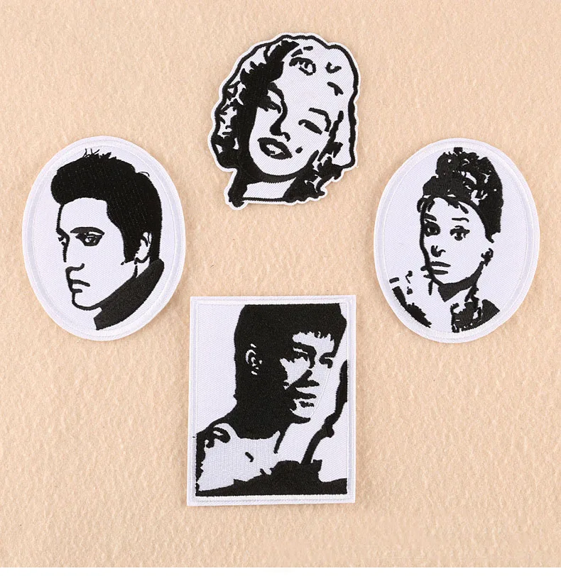 

New Black White Character Avatar Celebrity Embroidered Patches for Clothing Iron on Sticker Badges Stripes Clothes Appliques DIY