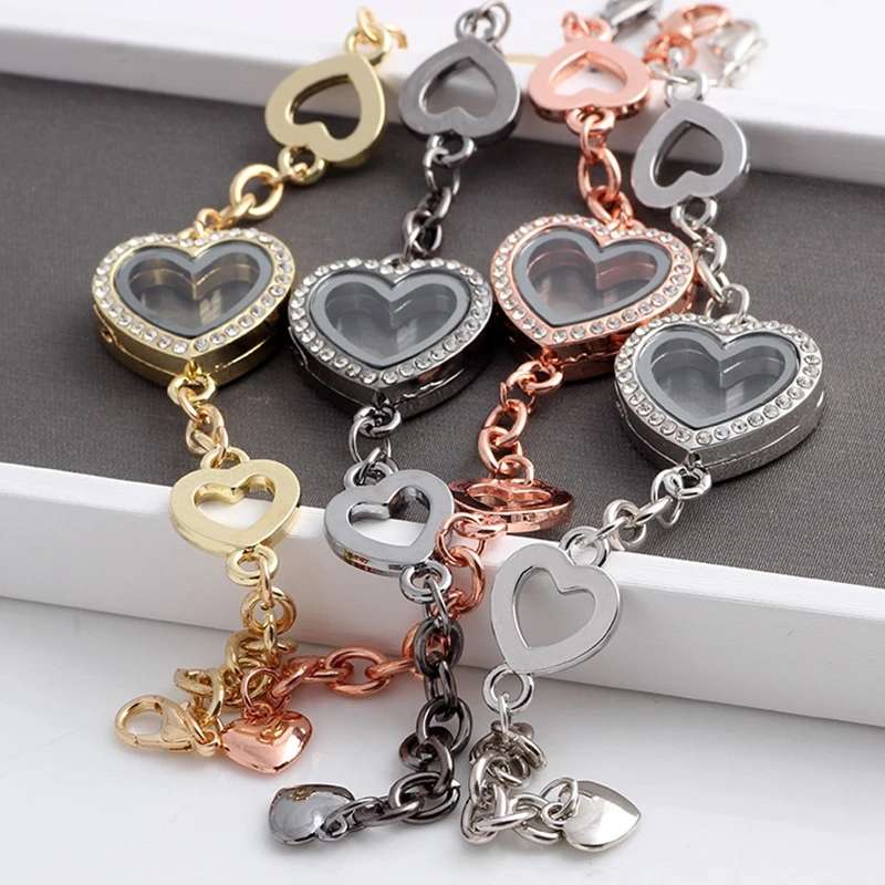 5PCS, 24*24mm rhinestone heart glass floating locket bracelets fit