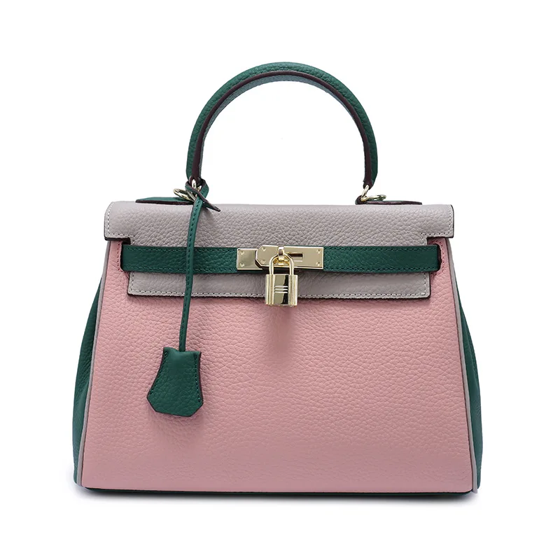 

New spell color lychee pattern portable leather handbag high quality leather trapezoidal buckle shoulder diagonal package