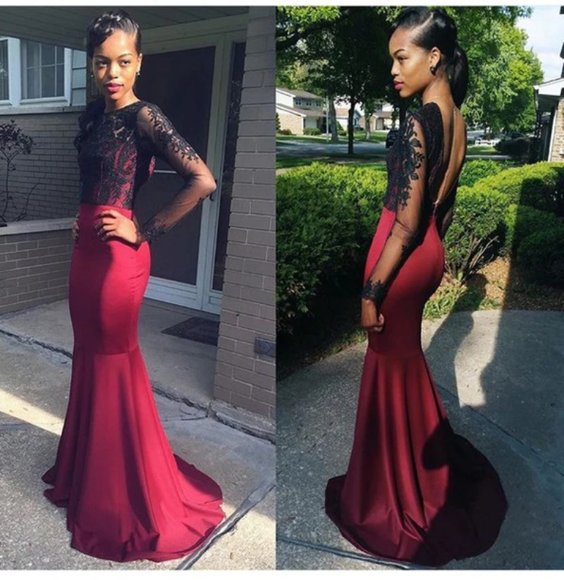 Sexy Burgundy Long Sleeve Mermaid Prom 