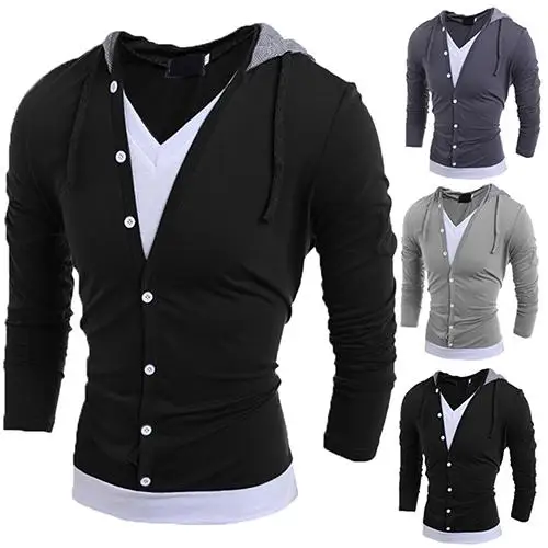 

Fashion Men's V Neck Long Sleeve Hooded T-Shirt Buttons Casual Tops Tee Shirt