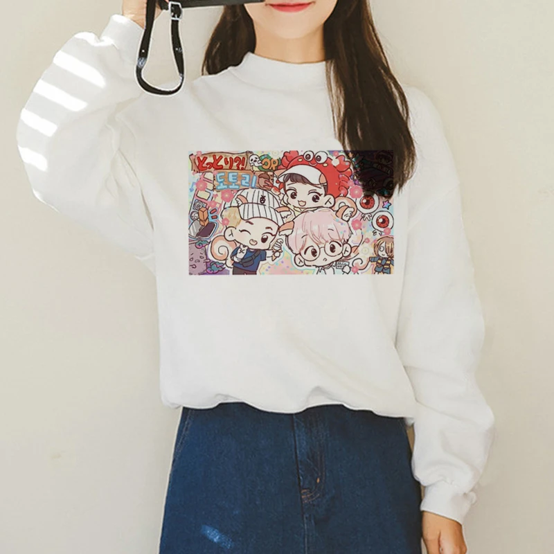  Exo Harajuku Kawaii Cartoon Turtleneck Hoodies for Women Ullzang Idols Funny Sweatshirts Korean Fan