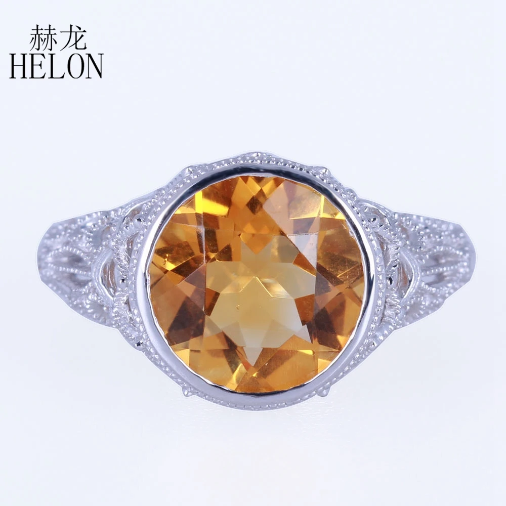 

HELON Solid 14K White Gold 10mm Round Flawless Citrine Diamonds Engagement Filigree Ring Art Deco Vintage Wedding Gemstone Ring