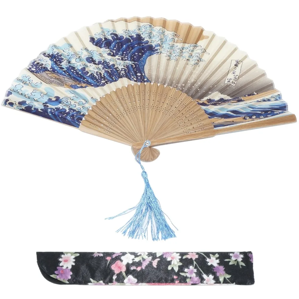 Japanese Ukiyo e Art Prints Silk Hand Fan Wave Blue ...
