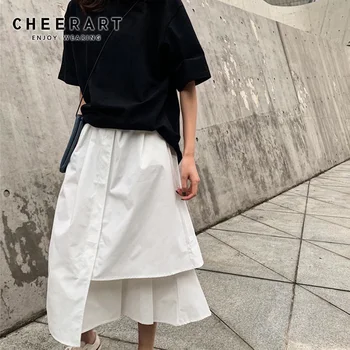 

Cheerart Summer High Waist Skirt Women Elastic Waist White Black Skirt Midi Long Loose Asymmetrical Skirt Clothing