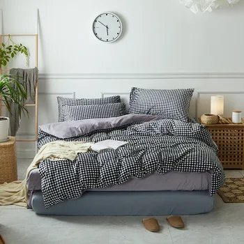 

New Thick Crystal velvet bedding set blue gray plaid duvet cover sets 4pcs warm bed linen bedclothes