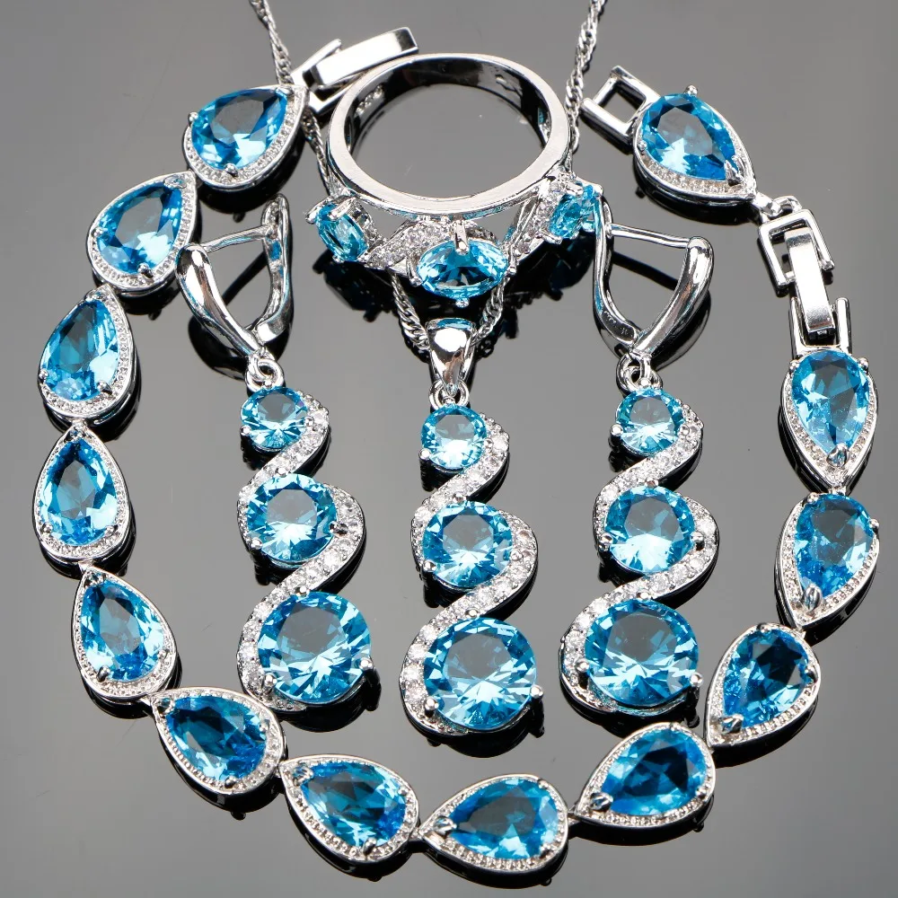 

4PCS 2017 New Arrival Attractive Sky Blue Stones Jewelry Sets 925 Sterling Silver Jewelry For Women Jewelry With Top AAA+ CZ