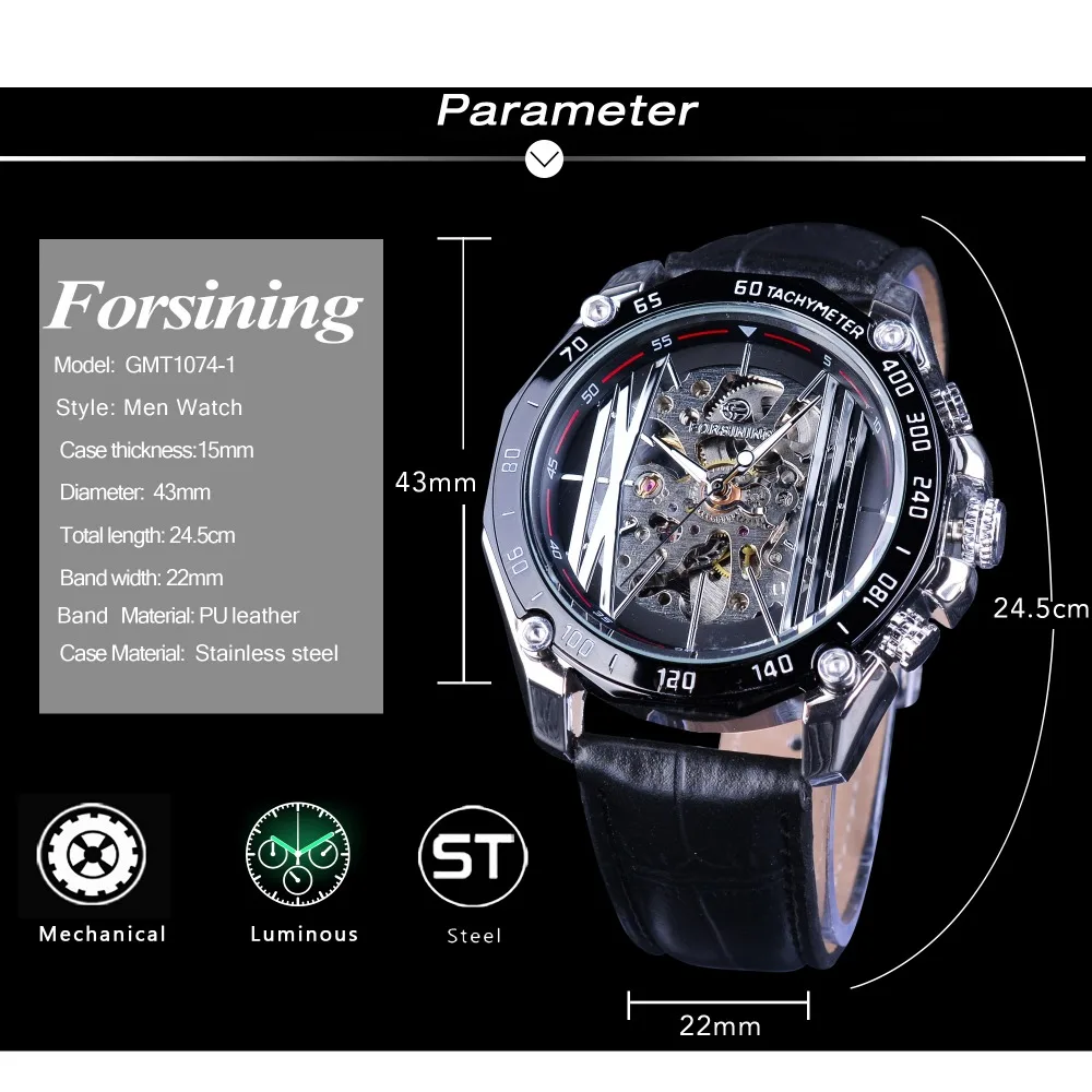 Forsining Mechanical Steampunk Series Men Military Sport Watch Transparent Skeleton Dial Automatic Watch Top Brand Luxury Clock