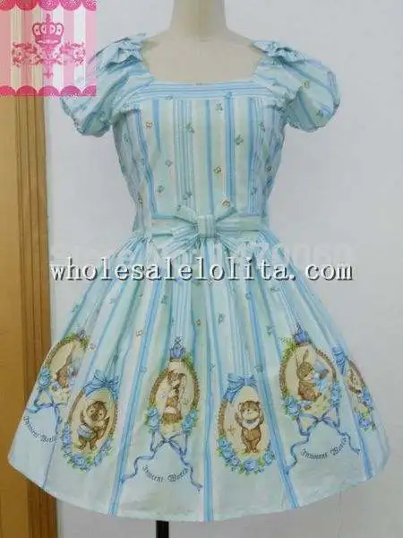 Sweet Forest Band Printing Sky Blue Stripe OP Lolita Dress