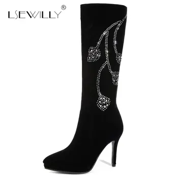 

Lsewilly Fashion Knee High Boots for Women Black Thin High Heel Black Rhinestone Ladies Dress Party Shoes Motorcycle Boots S914