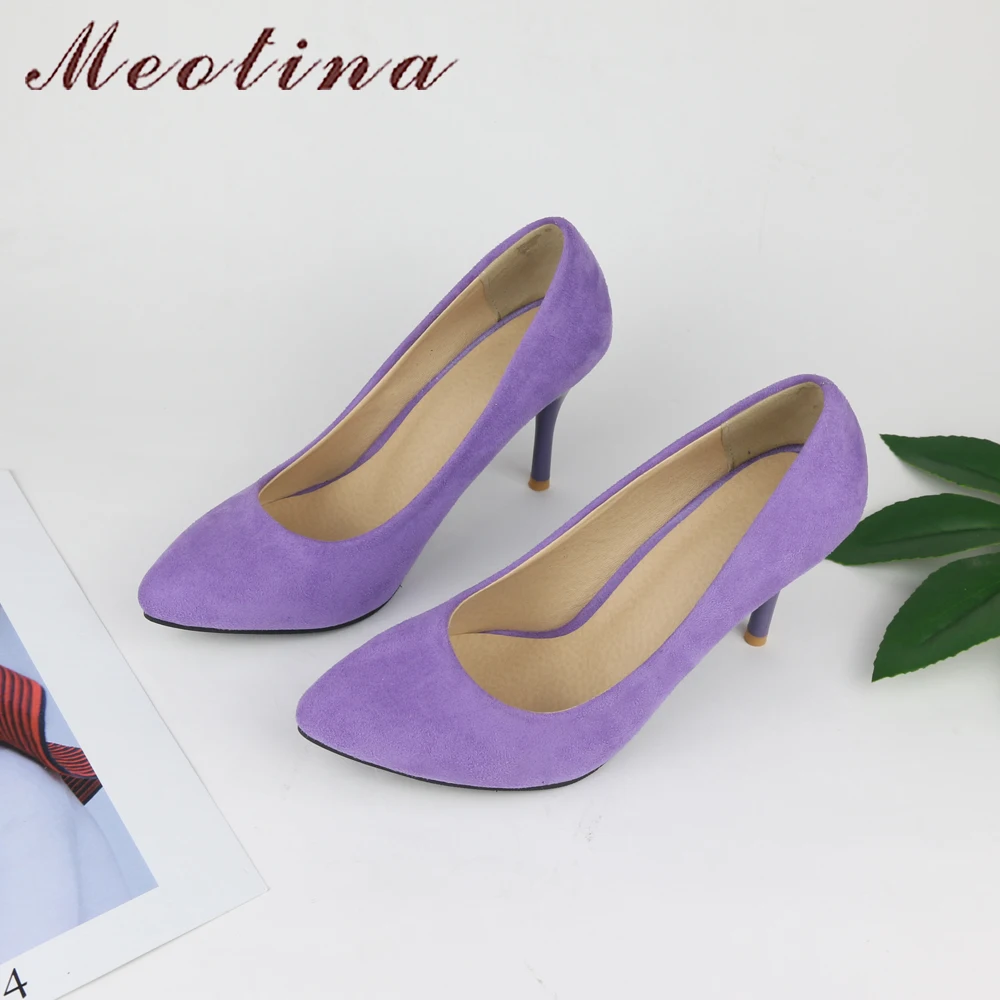 Meotina/обувь женские туфли-лодочки на высоком каблуке женские туфли-лодочки из флока с острым носком Дамская обувь высокий тонкий каблук, большие размеры 9, 10, 43, синий, фиолетовый