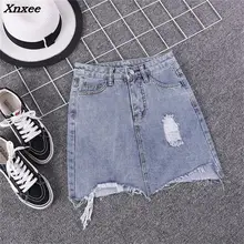 Summer Women Pencil Skirt Blue Sexy Casual Mini Denim Skirts 2018 Fashion New Ripped Pockets Bodycon Hole Jeans Skirt Xnxee blue fashion lace details bodycon ripped jeans