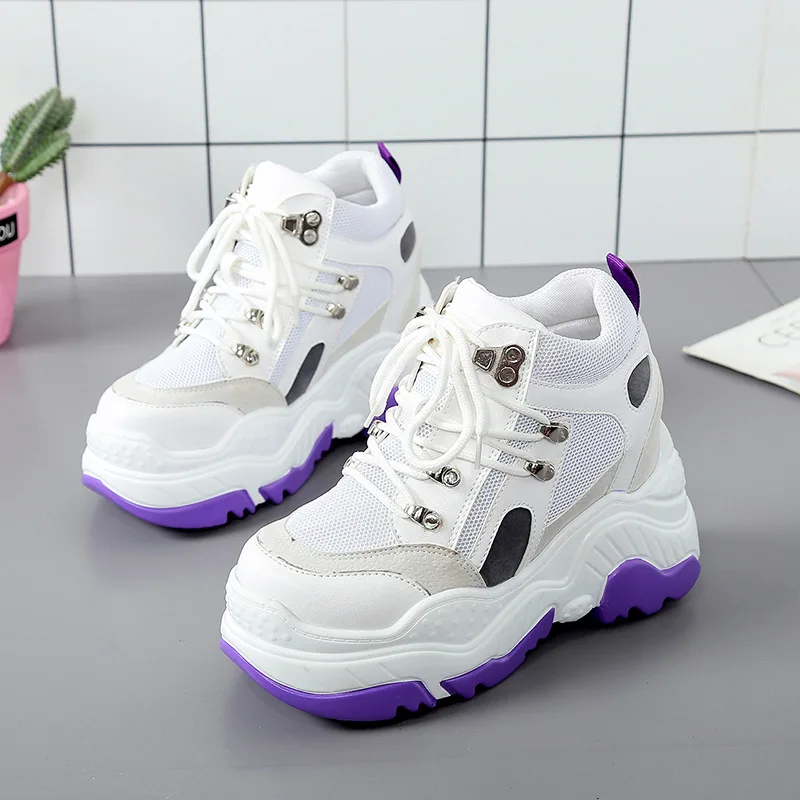 

Jookrrix White Shoes Women Brand Platform Sneakers Lady Increased chaussure Cross-tied Female footware Thick Sole Silver Quality