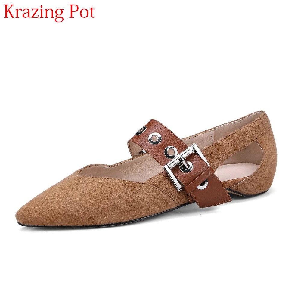 

2018 New Arrival Sheep Suede Metal Buckle Strap Shallow Spring Shoes Pointed Toe Streetwear Casual Simple Style Women Flats L20
